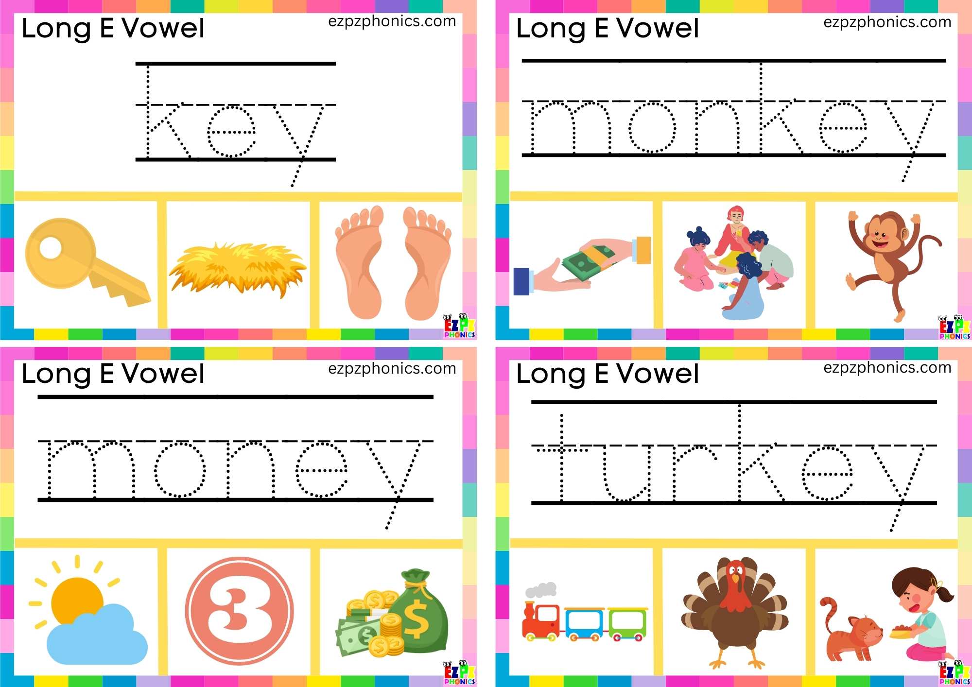 Write the word and clip the image Clip cards for long e vowel ey words